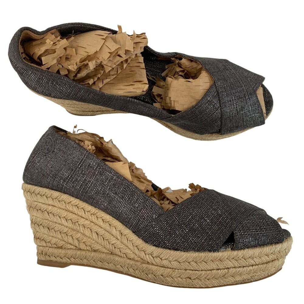 Tory Burch 11B Pewter Metallic Espadrille Wedge Heels Spain EUC 7968 Linen Peep